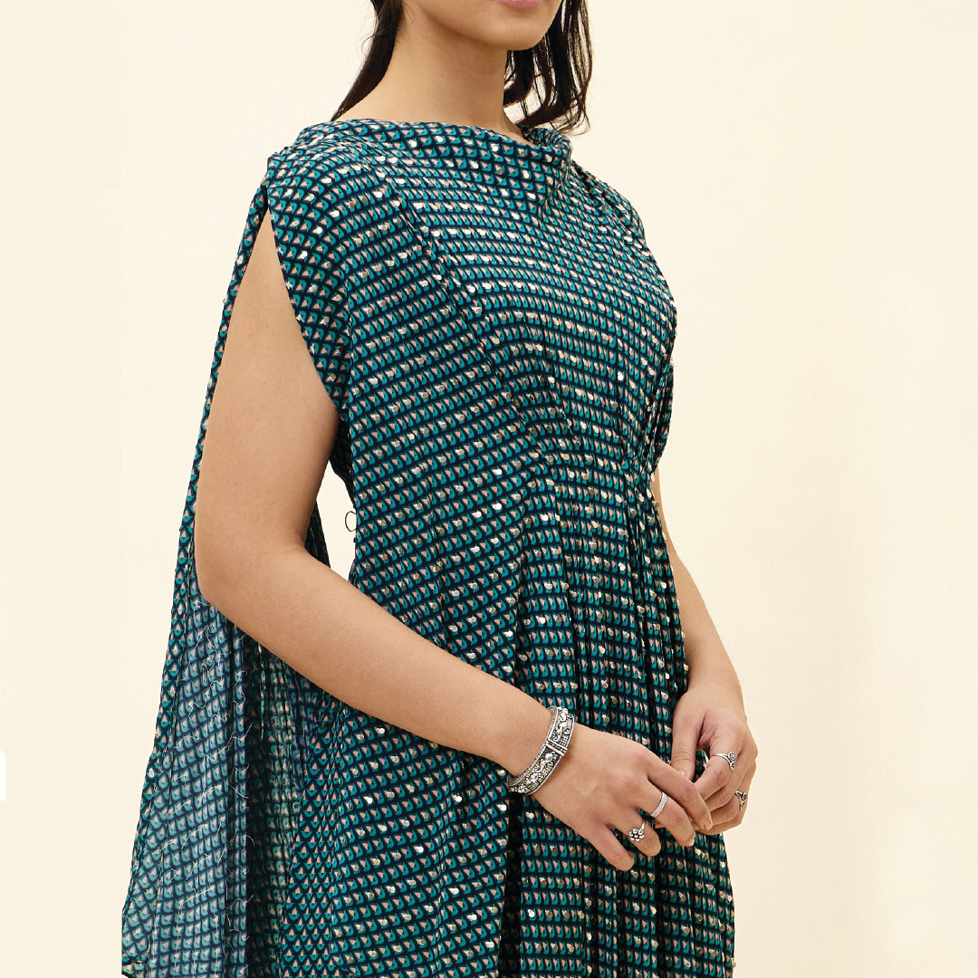 BLUE BUTTI PRINT EMELLISHED DRAPED TOP TEAMD WITH PANTS