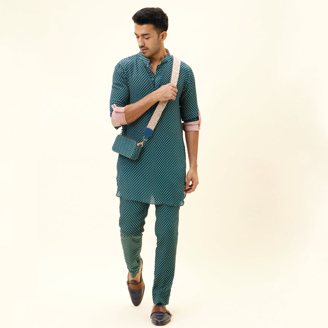 BLUE BUTTI PRINT SHORT SHIRT STYLE KURTA WITH ROLLED UP SLEEVES WITH PANTS