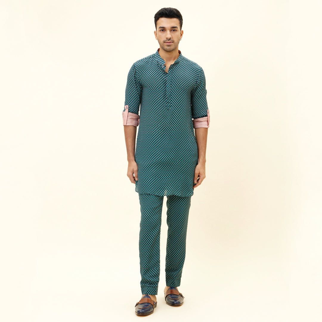BLUE BUTTI PRINT SHORT SHIRT STYLE KURTA WITH ROLLED UP SLEEVES WITH PANTS