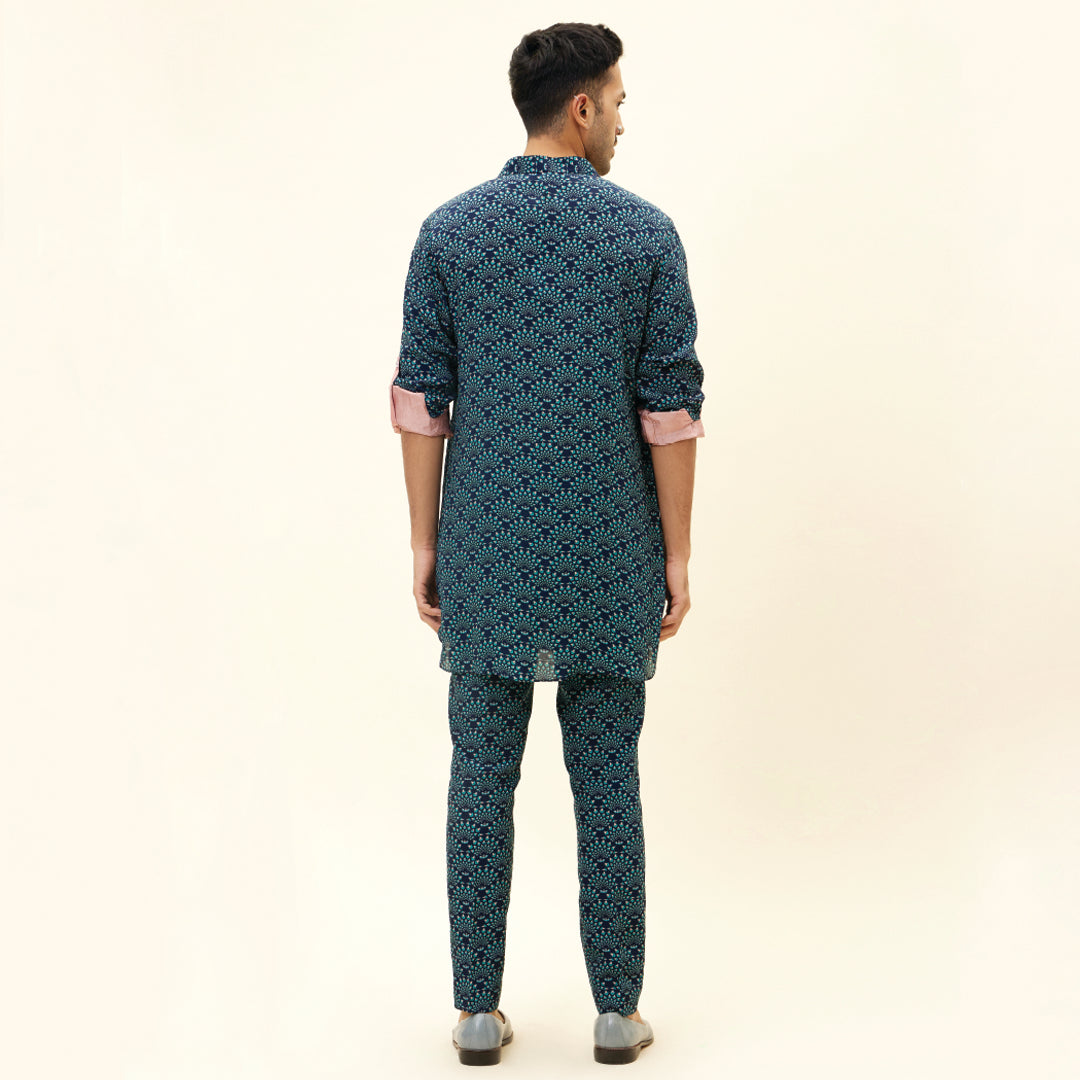 BLUE FEATHER PRINT SHORT SHIRT STYLE KURTA WITH ROLLED UP SLEEVES WITH PANTS