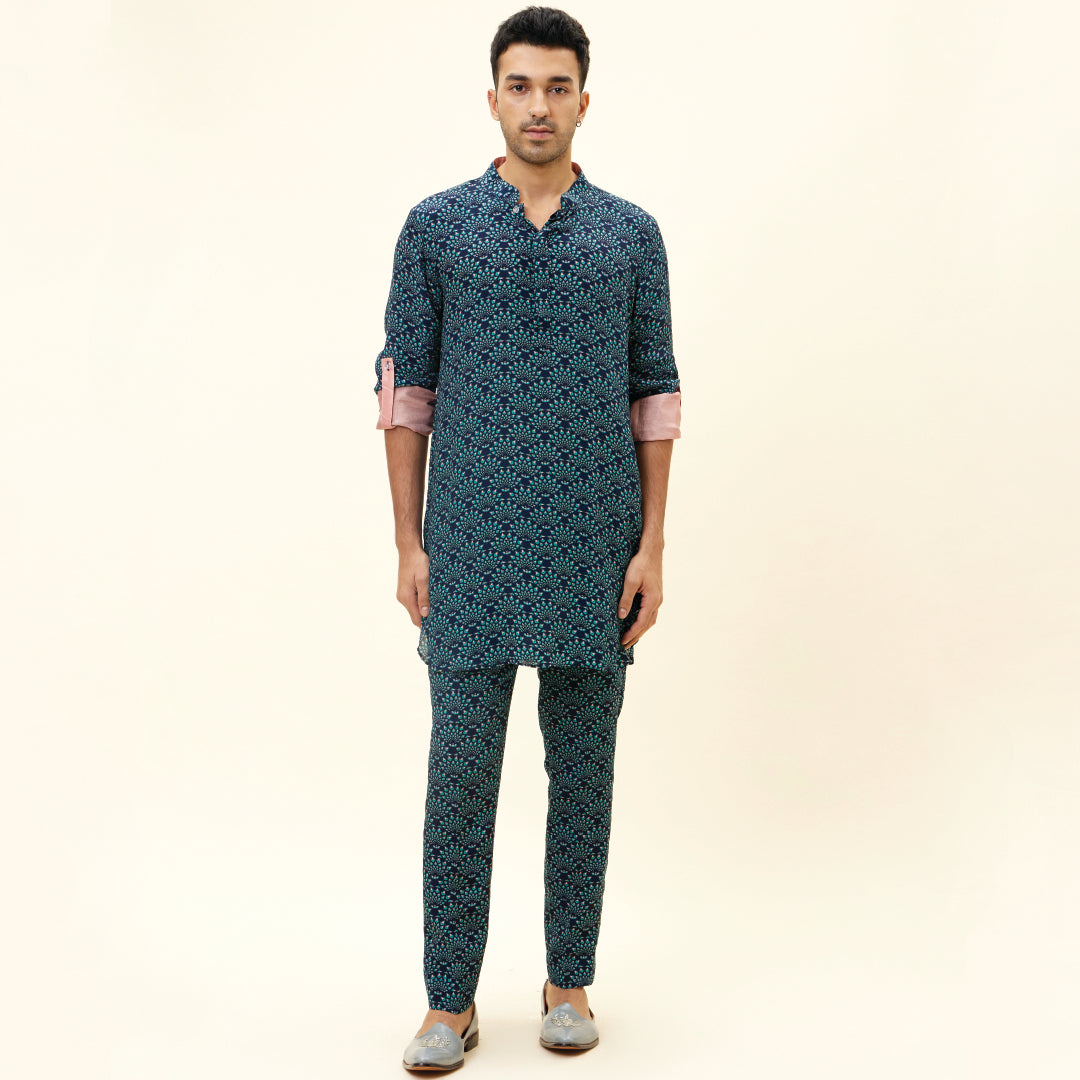 BLUE FEATHER PRINT SHORT SHIRT STYLE KURTA WITH ROLLED UP SLEEVES WITH PANTS