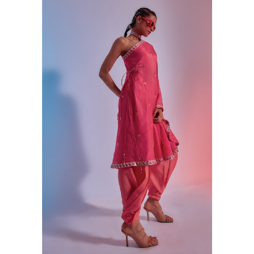 Coral one shoulder saree with cowl pants