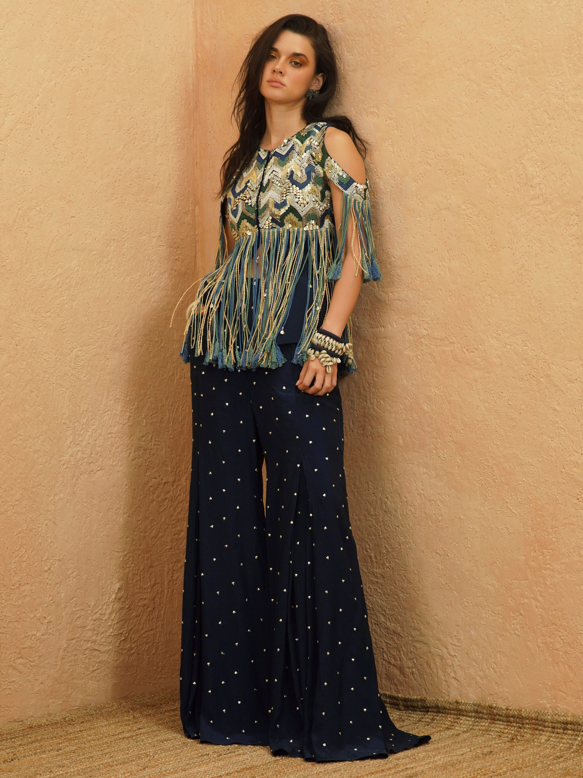 AFREEN: NADIRA COLD SHOULDER FRINGE JACKET AND PANT