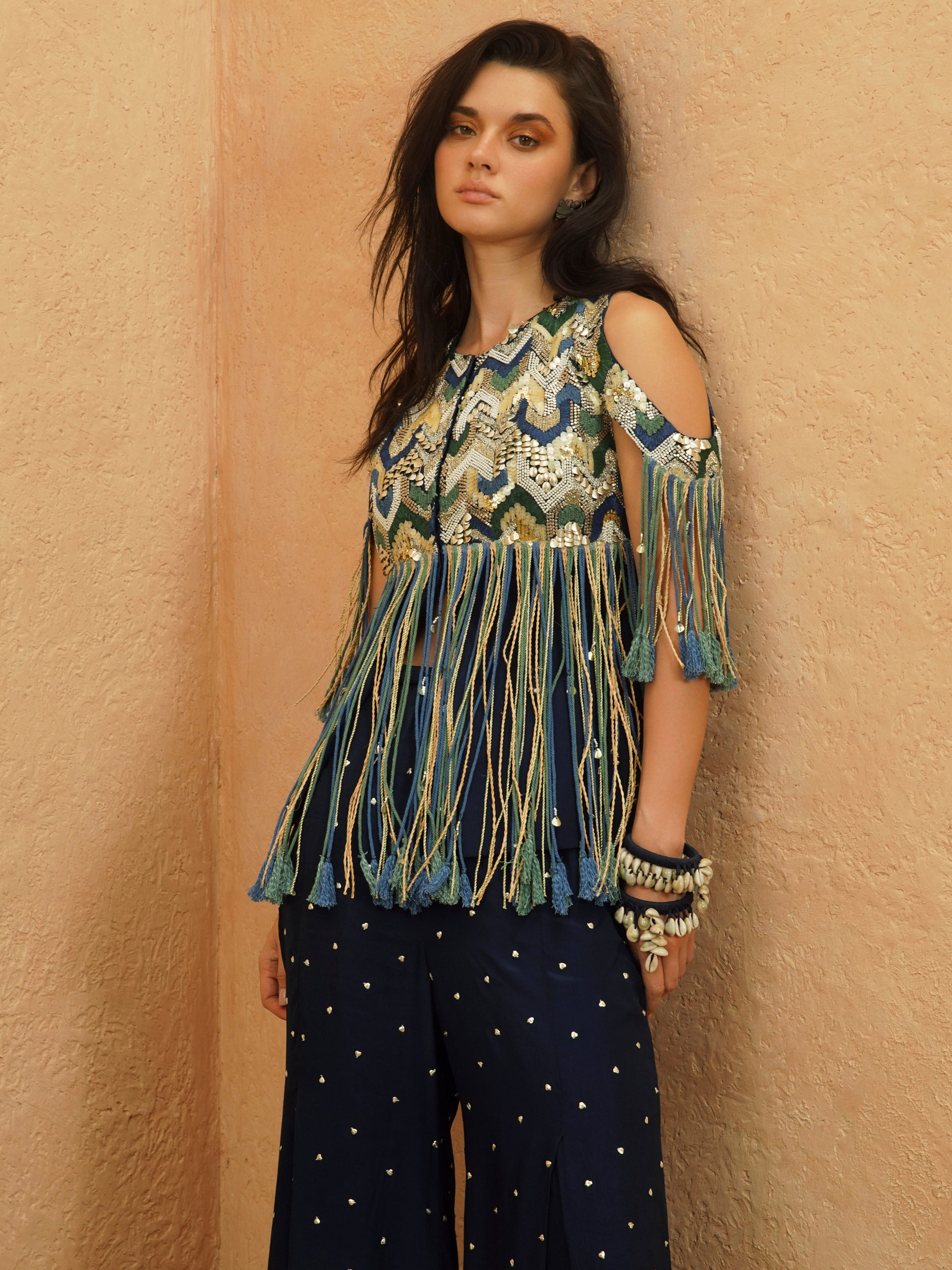 AFREEN: NADIRA COLD SHOULDER FRINGE JACKET AND PANT