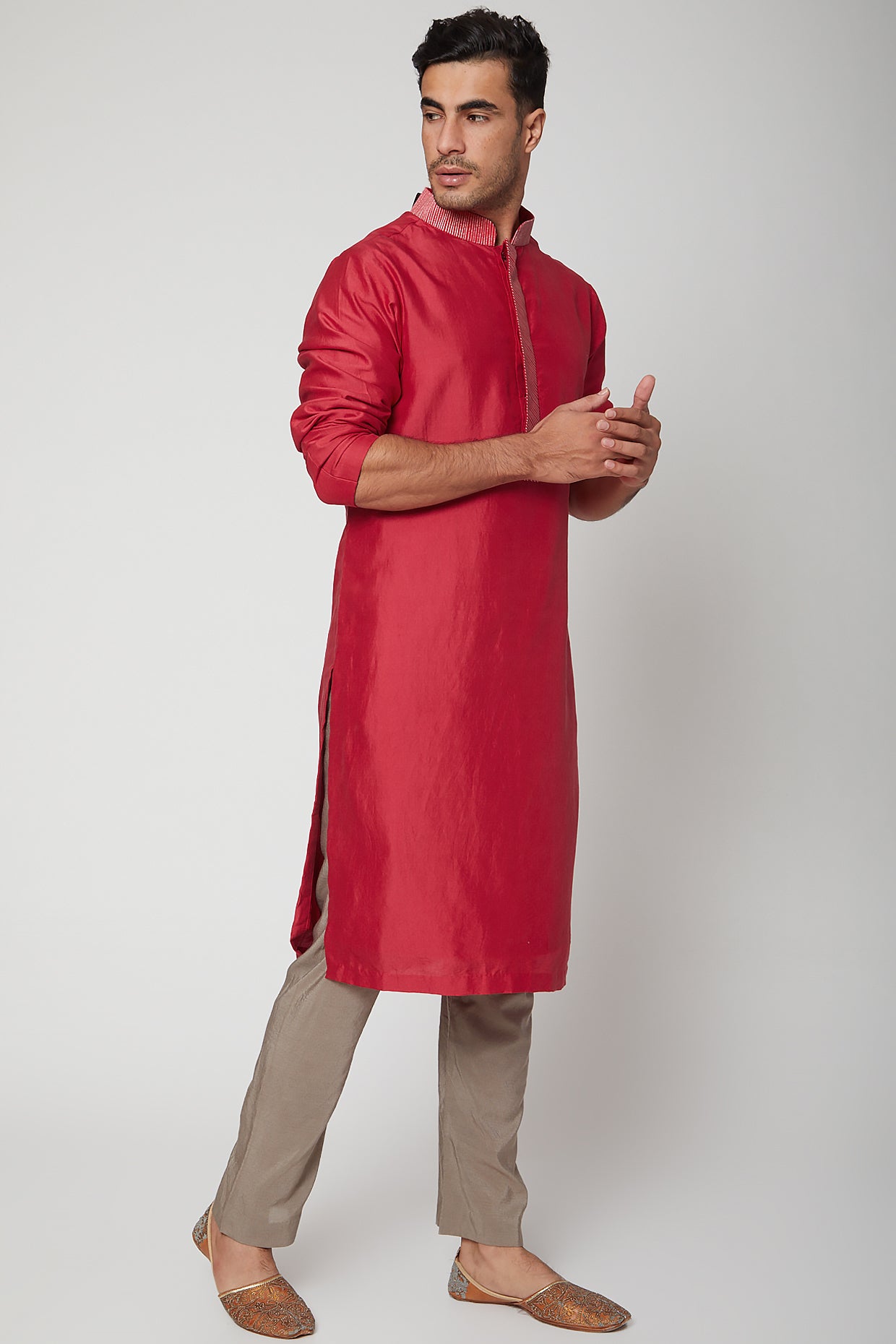 RED AARI LINE EMBROIDERED  KURTA WITH PANTS