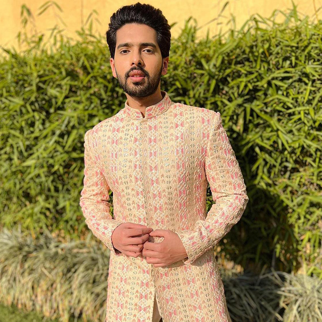 BEIGE EMBELLISHED SHERWANI PAIRED WITH PINK PANTS