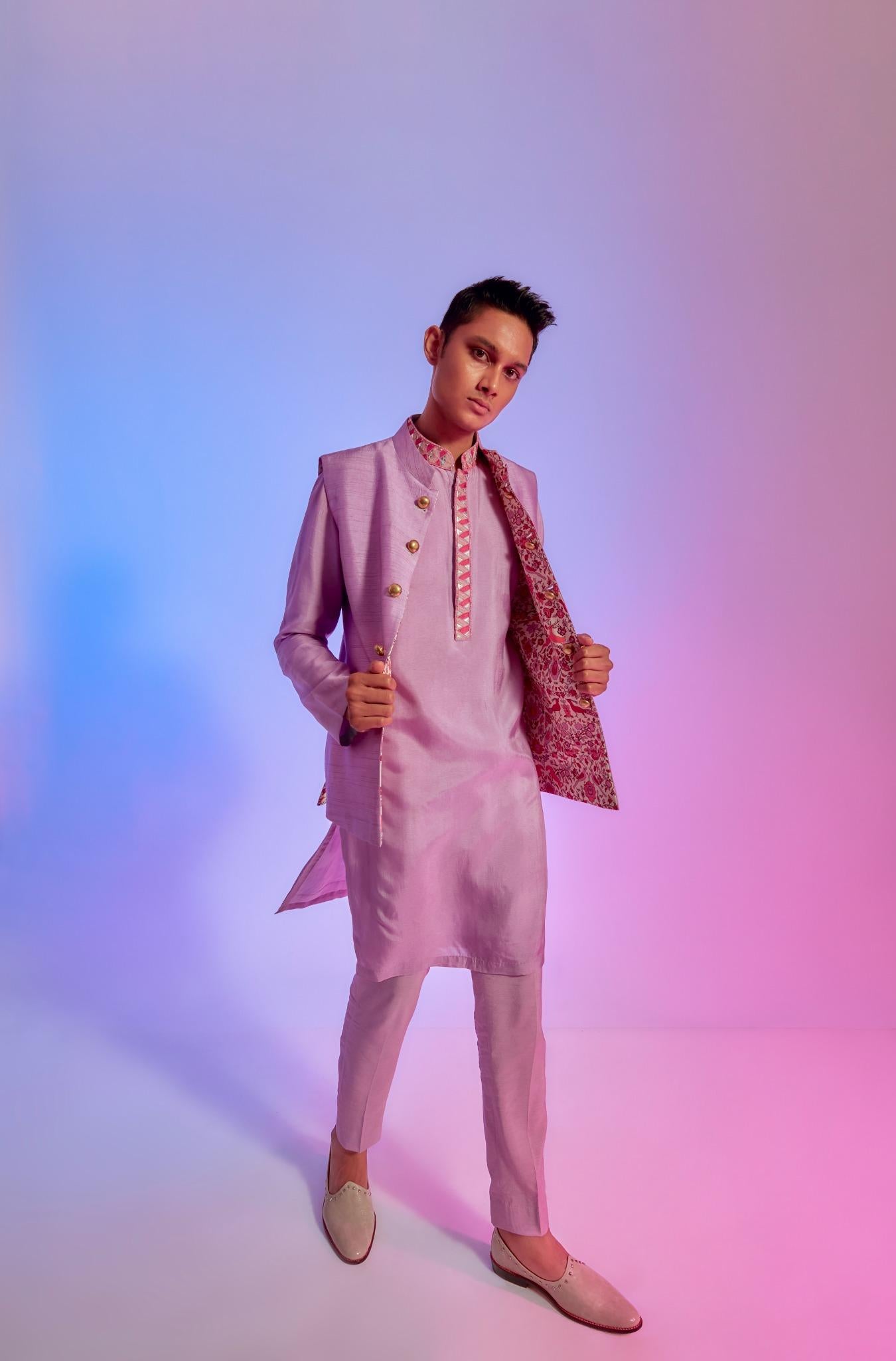 LILAC KURTA WITH TRAINGLE EMBROIDERED COLLAR AND KURTA PATTI  AND PANTS
