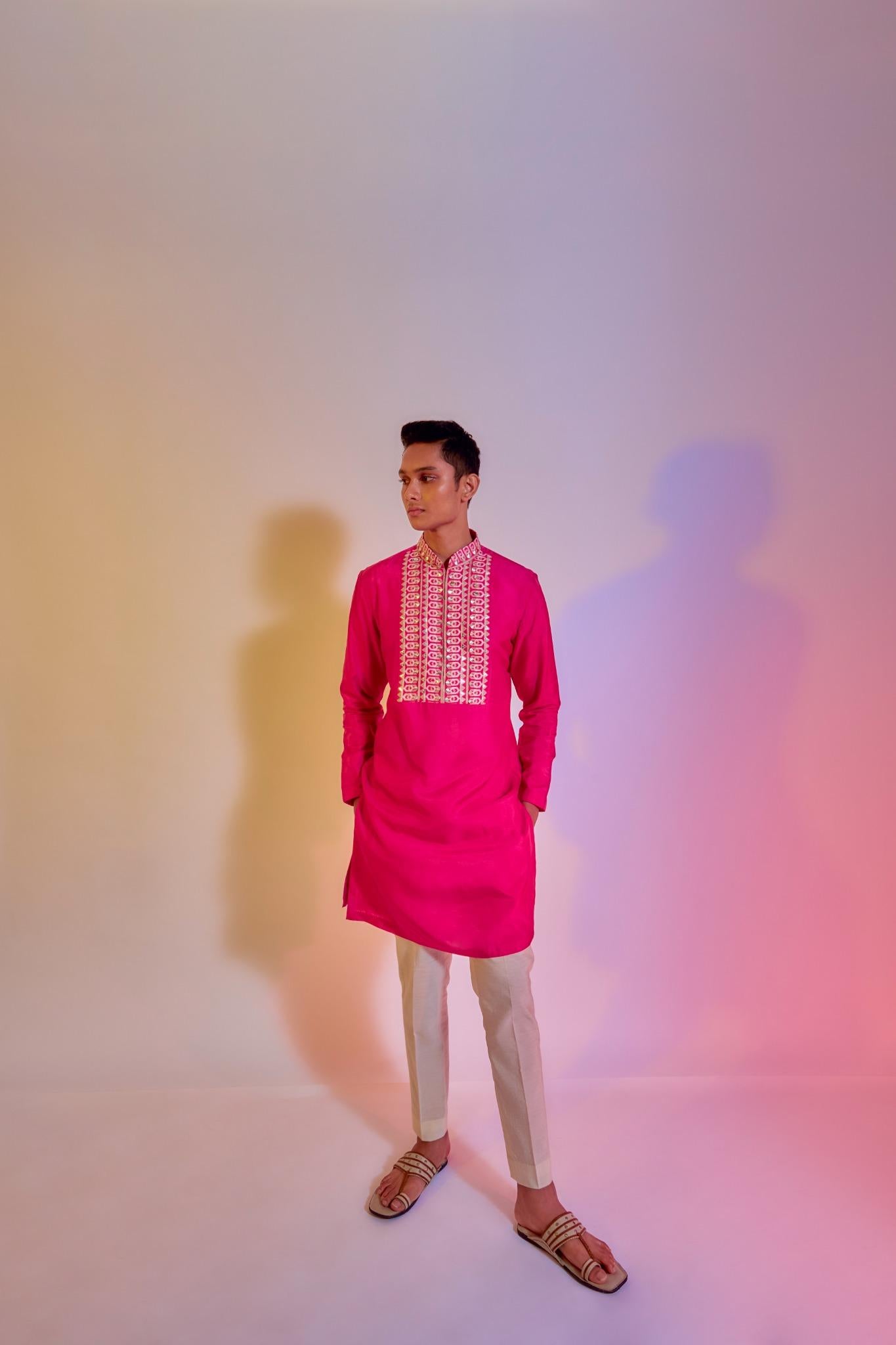 PINK KURTA WITH EMBROIDERED YOKE  AND PANTS
