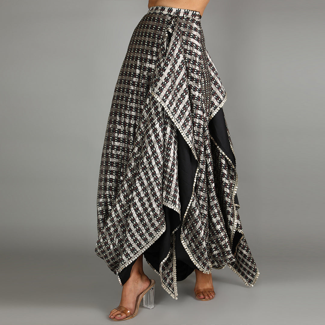 Black Jaali Print Chanderi Drape Skirt And Cape Paired With Turtle Neck Printed Top