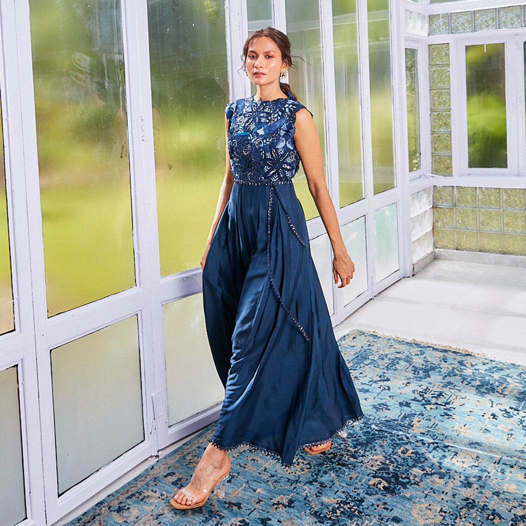 DEEP BLUE JUMPSUIT WITH EMBROIDERED BODY