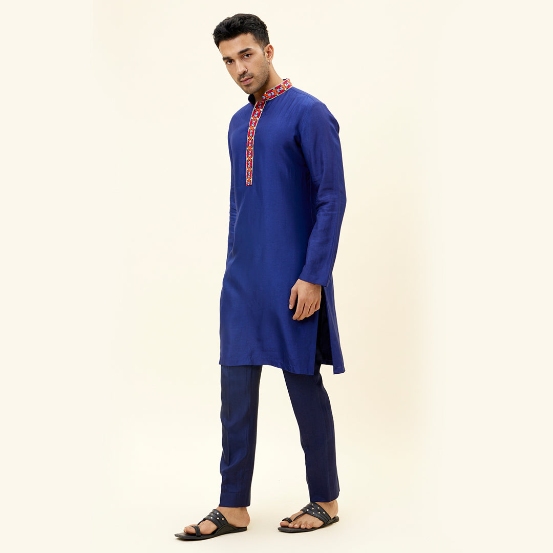 BLUE SOLID COLOUR KURTA WITH EMB ON COLLAR AND KURTA PATTI BLUE SOLID COLOUR PANTS