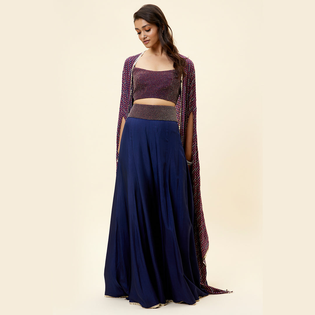 BLUE Russian Sharara With Embroidery Bustier And BLUE LEAF PRINT Highlighted Cape
