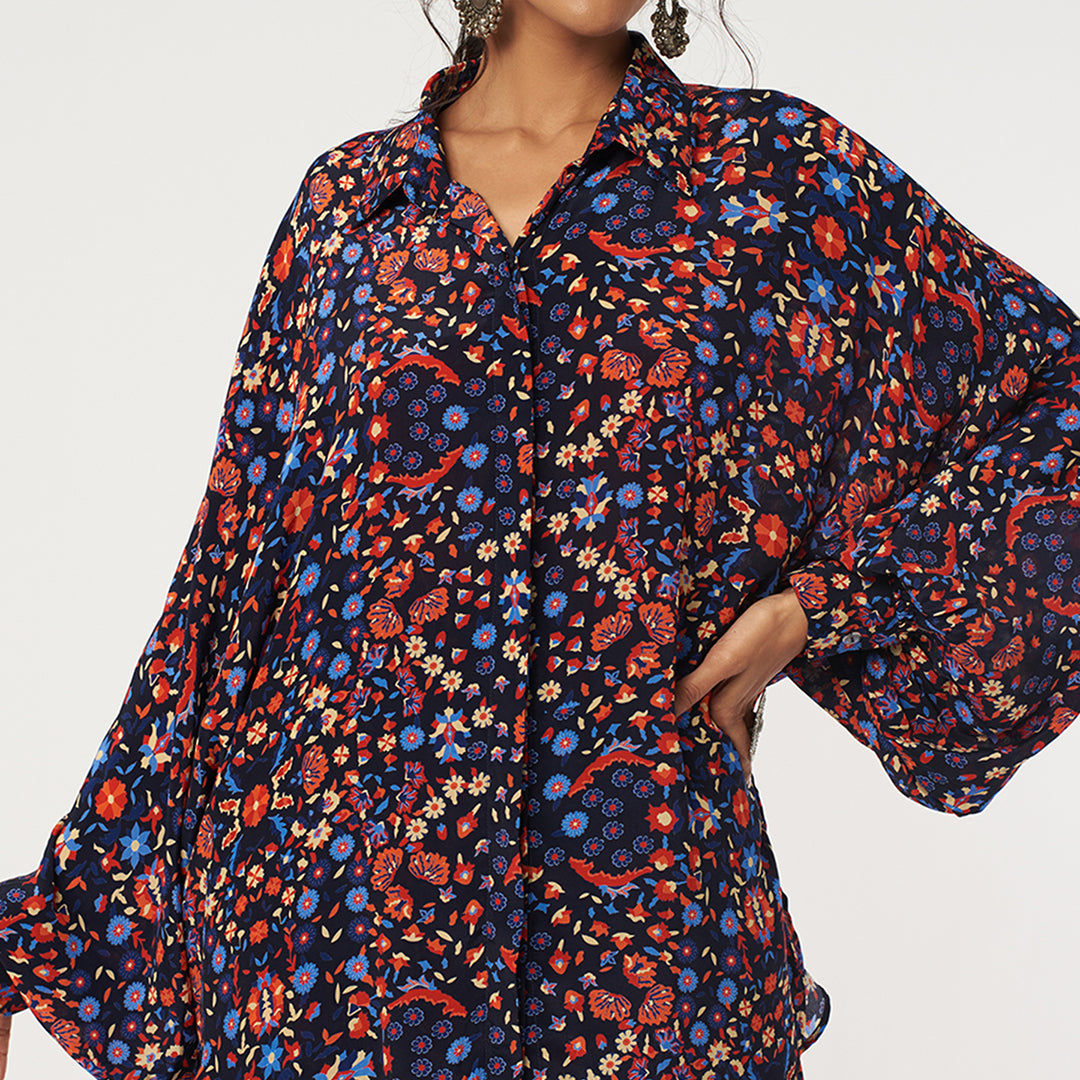 BLUE JAAL PRINT OVERSIZED SHIRT WITH PANTS (CO-ORD SET)