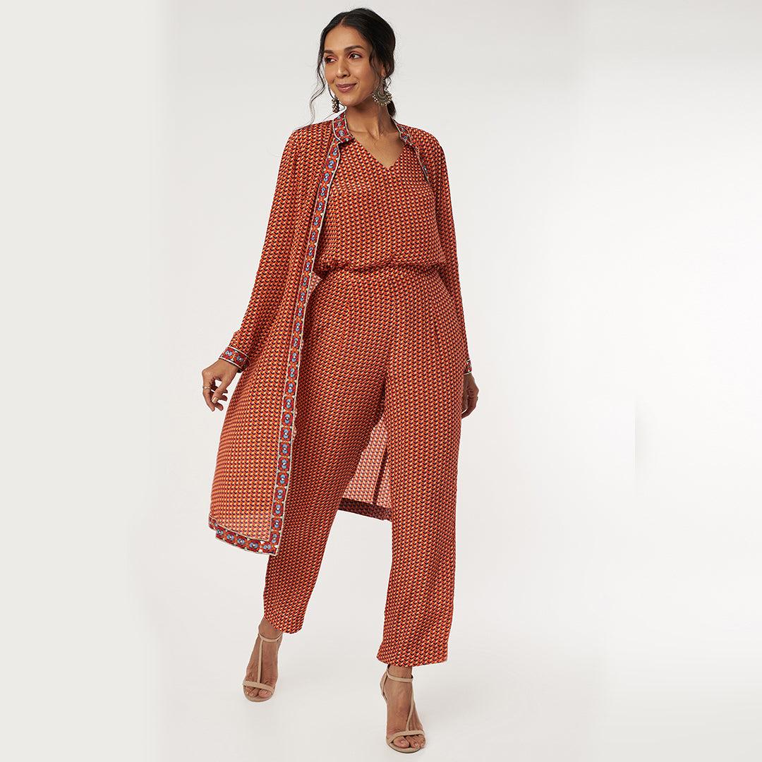 ORANGE LEAF PRINT CAMISOLE TOP WITH PANTS AND LONG JACKET