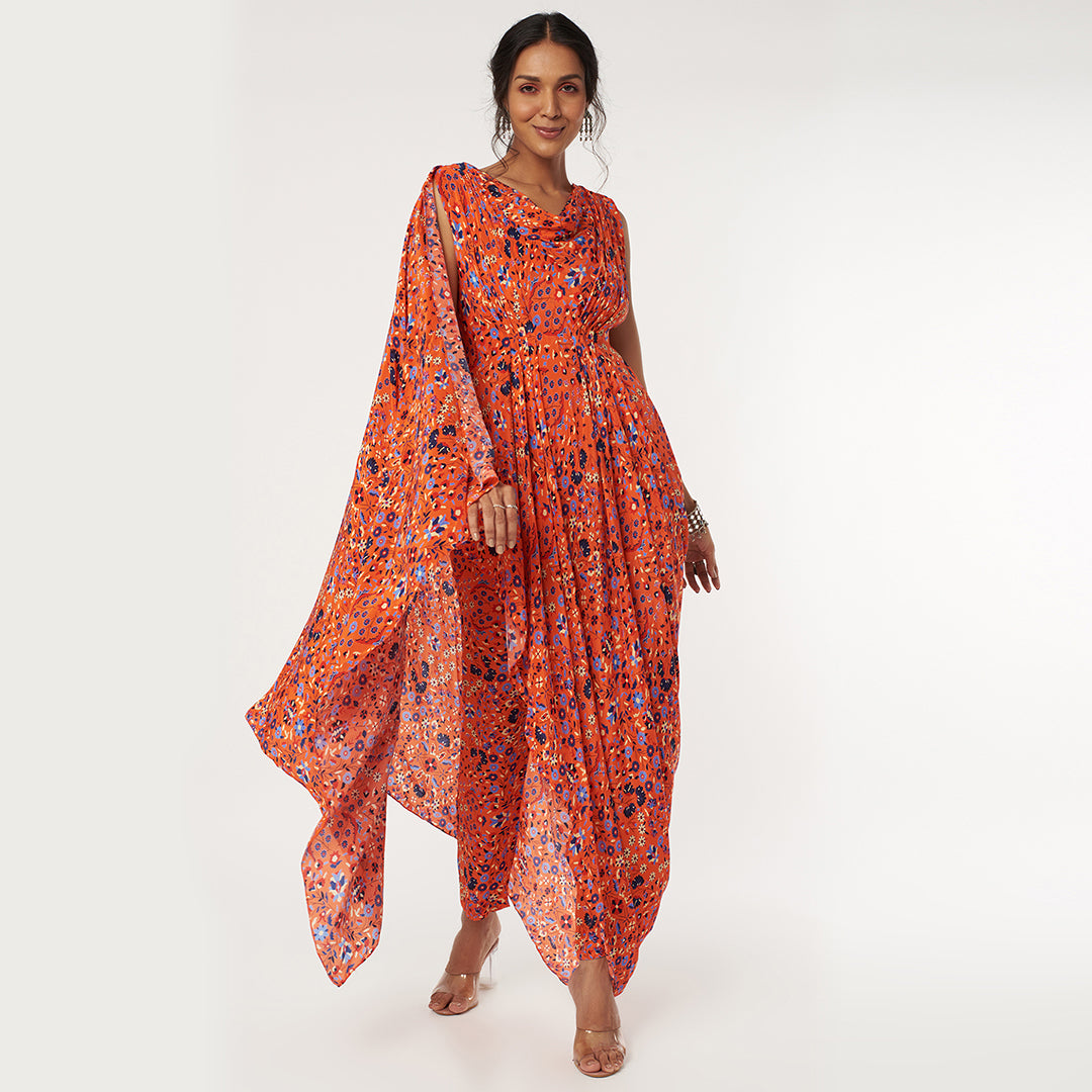 ORANGE JAAL PRINT CROP TOP WITH ATTACHED DRAPE AND PANTS