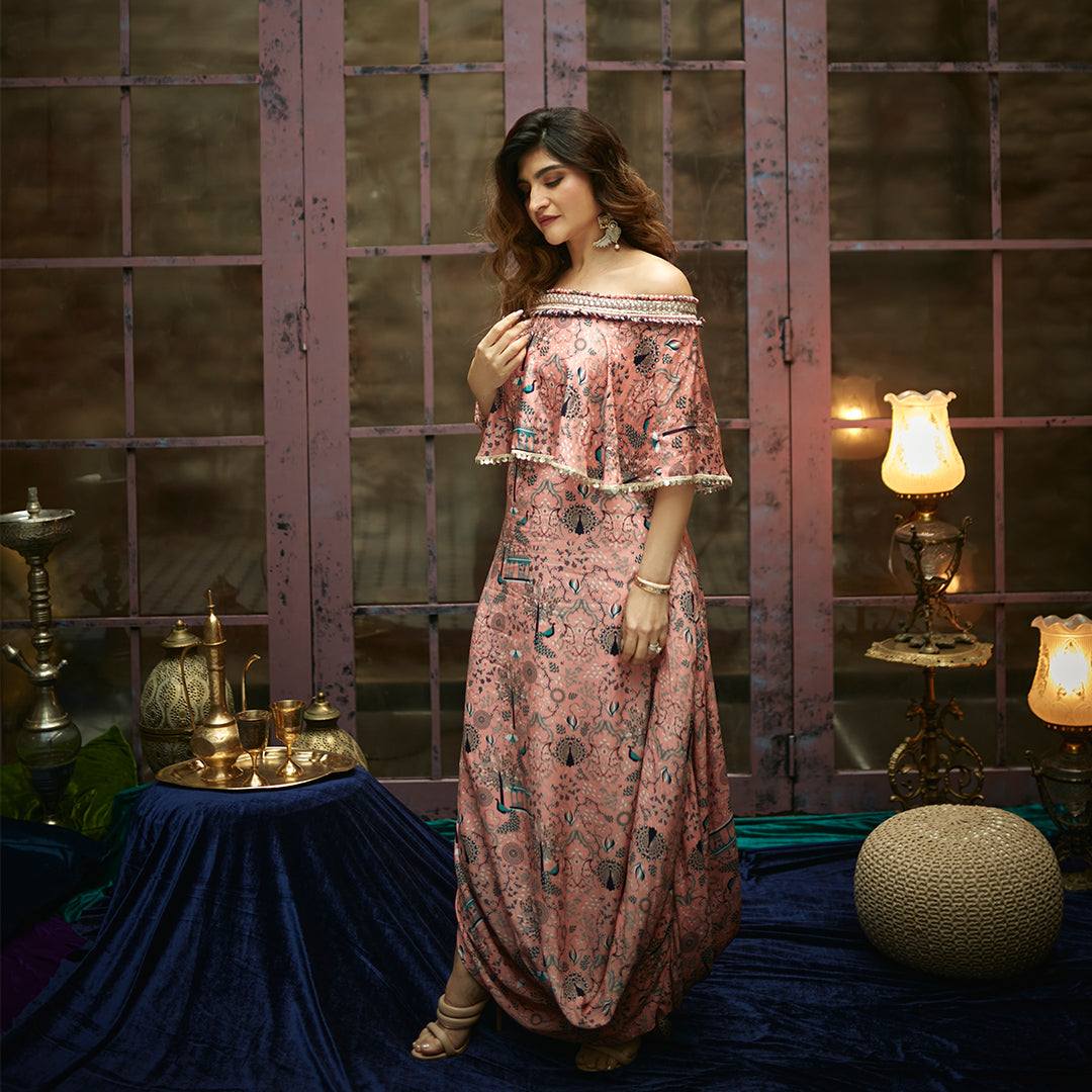 PINK MOR JAAL OFF SHOULDER CAPE WITH ATTACHED DRAPE DRESS