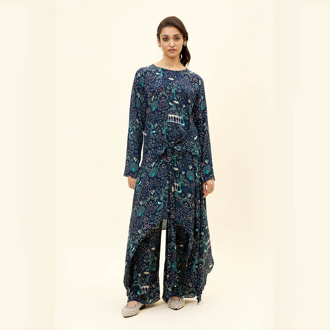 BLUE MOR JAAL PRINT FRONT TIE UP TUNIC SET