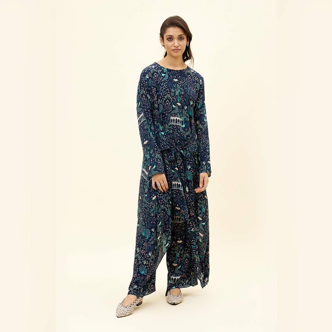 BLUE MOR JAAL PRINT FRONT TIE UP TUNIC SET