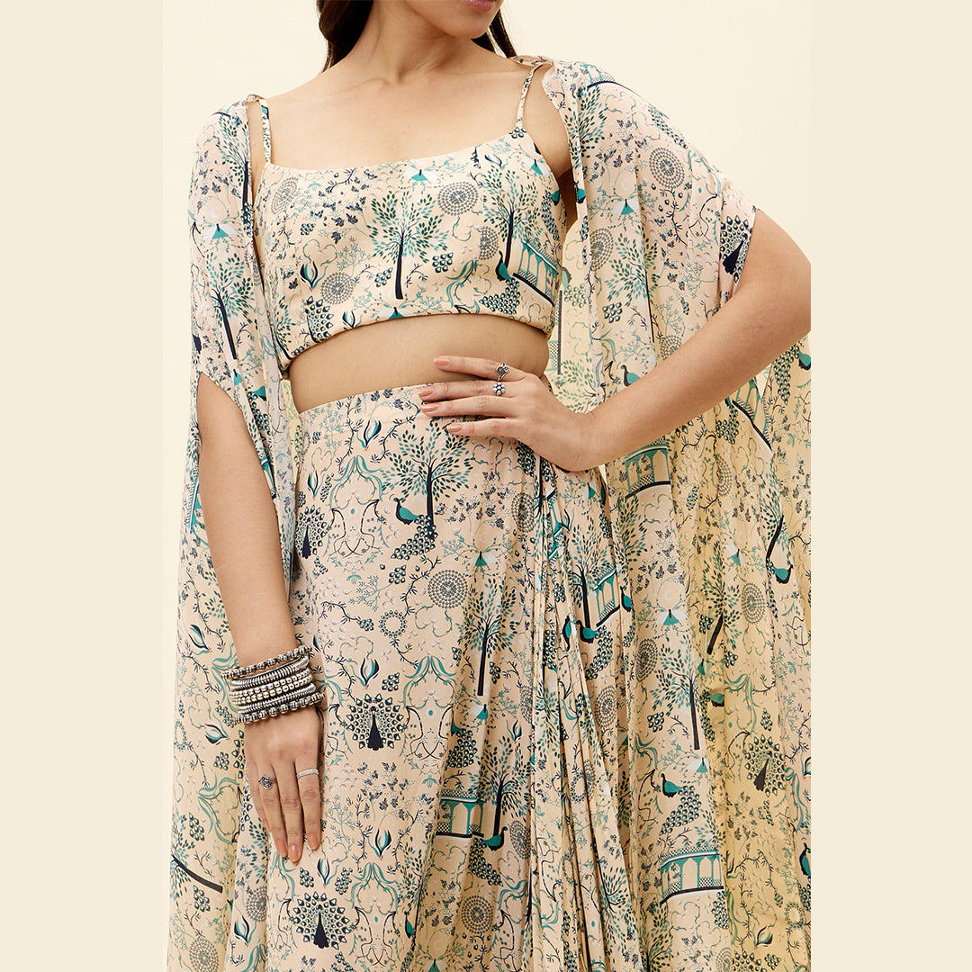 BEIGE MOR JAAL PRINT DRAPE SKIRT WITH BUSTIER AND CAPE