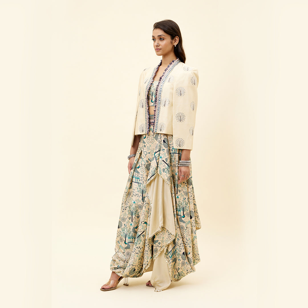 BEIGE MOR JAAL PRINT  NUSRAT DRAPED SKIRT AND BUSTIER TEAMED WITH A SIGNATURE  STRUCTURED CAPE JACKET