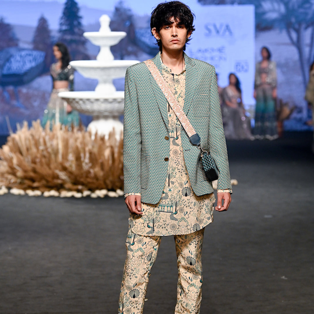 BEIGE BUTTI PRINTED BLAZER WITH BEIGE MOR JAAL SHORT SHIRT STYLE KURTA WITH PANTS