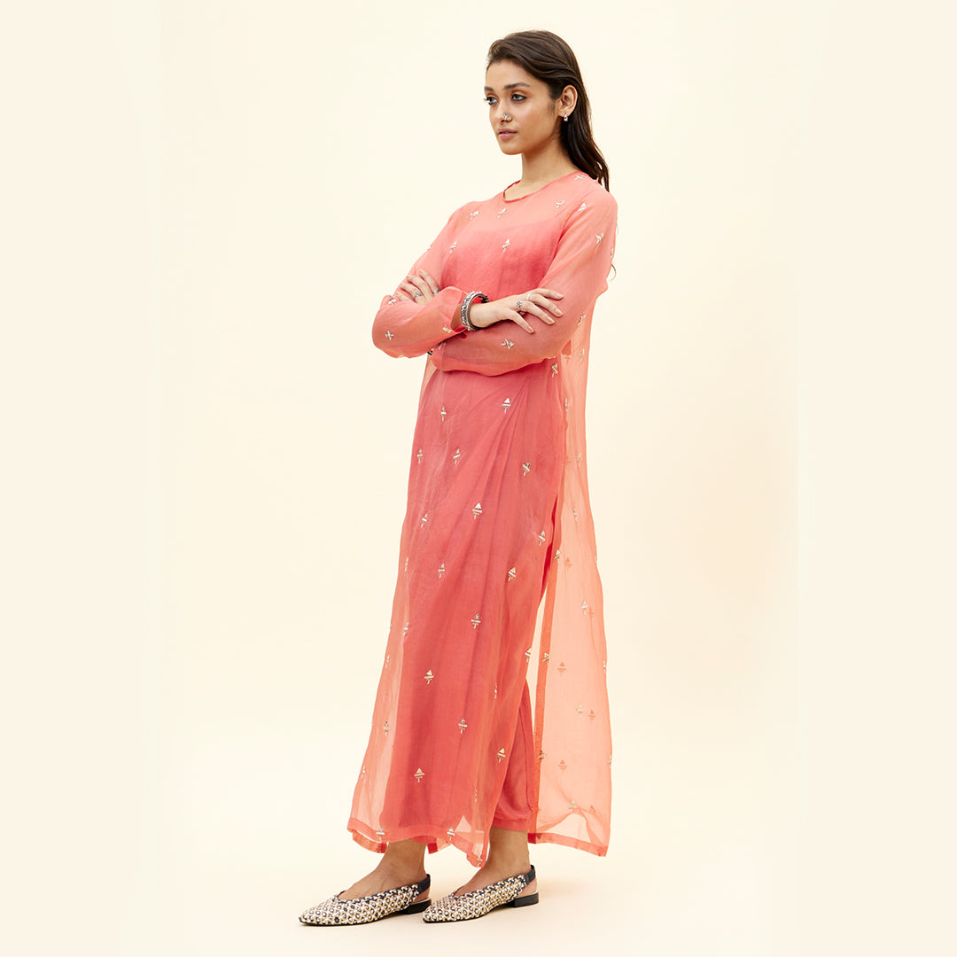D.CORAL DRAPY PANTS WITH BUSTIER AND ORGANZA KURTA