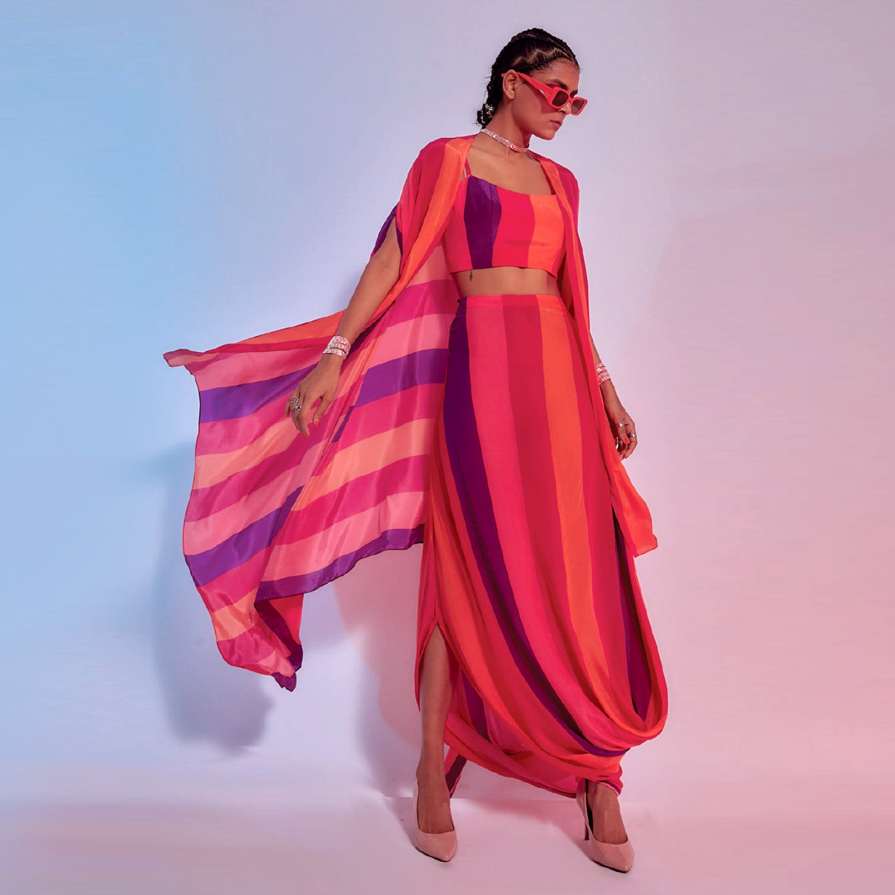 SUNSET STRIPES PRINTED DRAPE SKIRT, BUSTIER AND CAPE SET