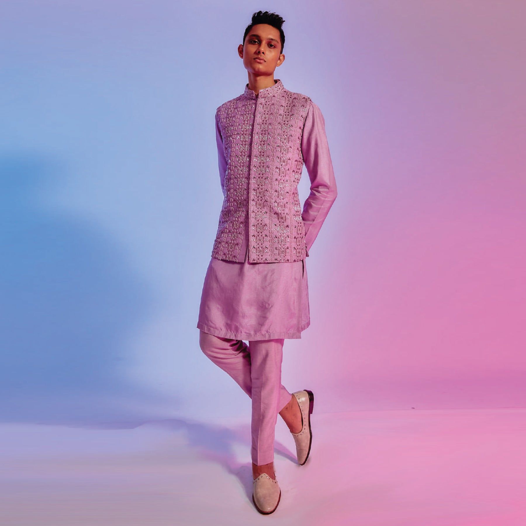 LILAC KURTA WITH EMBELLISHED COLLAR KURTA PATTI AND PANTS PAIRED WITH LILAC INTRICATE EMBELLISHED BUNDI