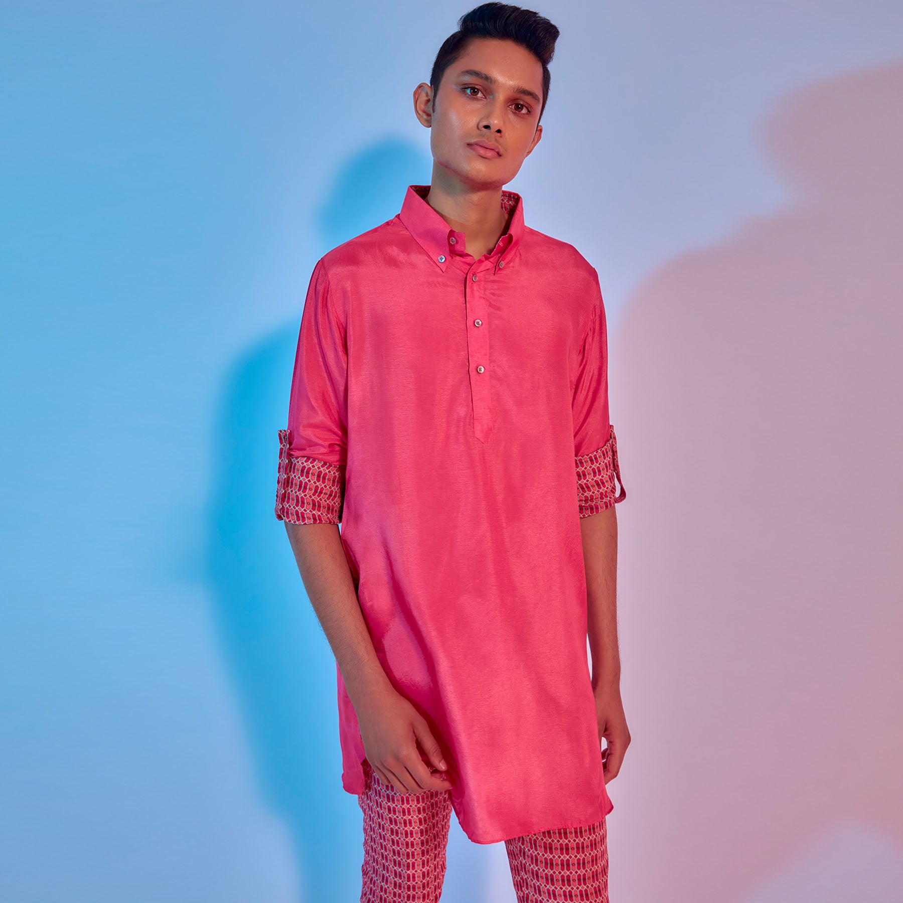 DARK CORAL SHIRT STYLE KURTA WITH LATTICE PRINTED ROLLED UP SLEEVES