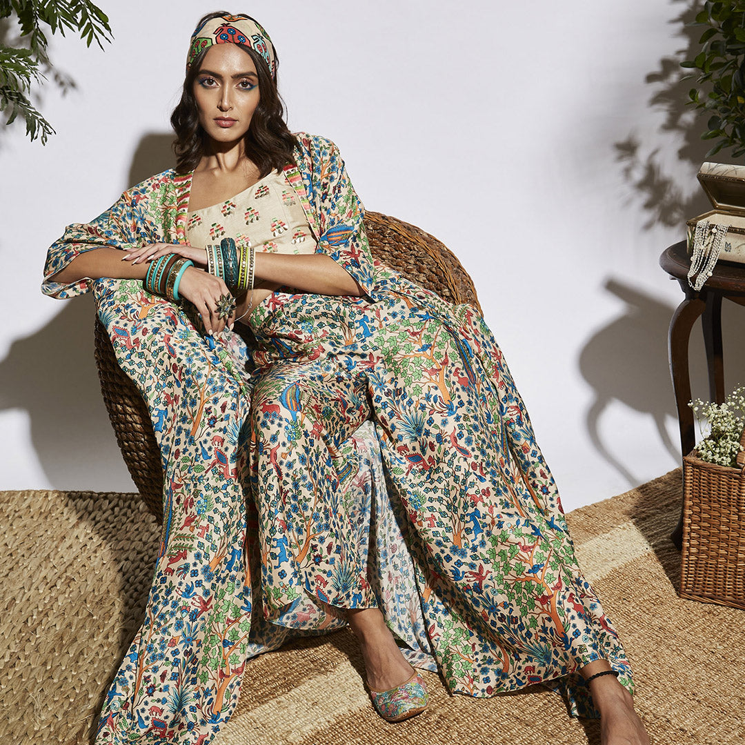 BAGH PRINT PALAZZO PANTS WITH EMBROIDERED BUSTIER AND CAPE