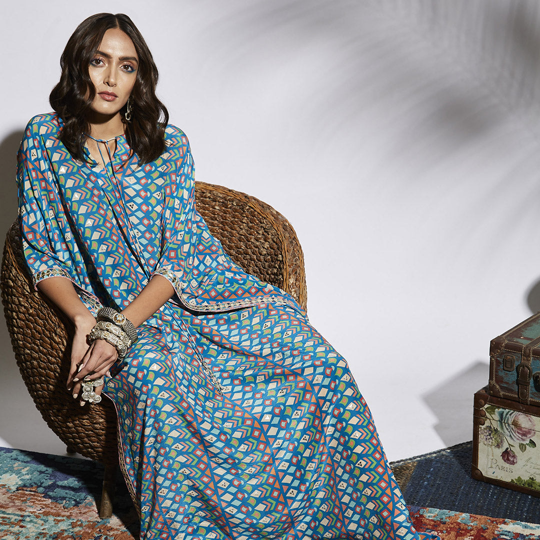 BLUE GEO PRINT KAFTAN WITH METAL HIGHLIGHT AND TRIANGLE BORDER