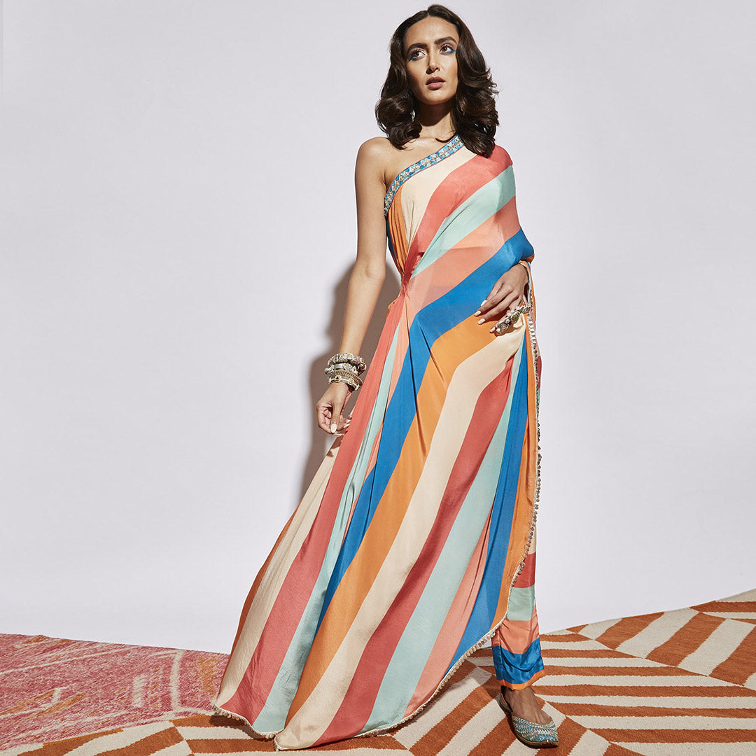STRIPE PRINT ONE SHOULDER SAREE WITH PANTS