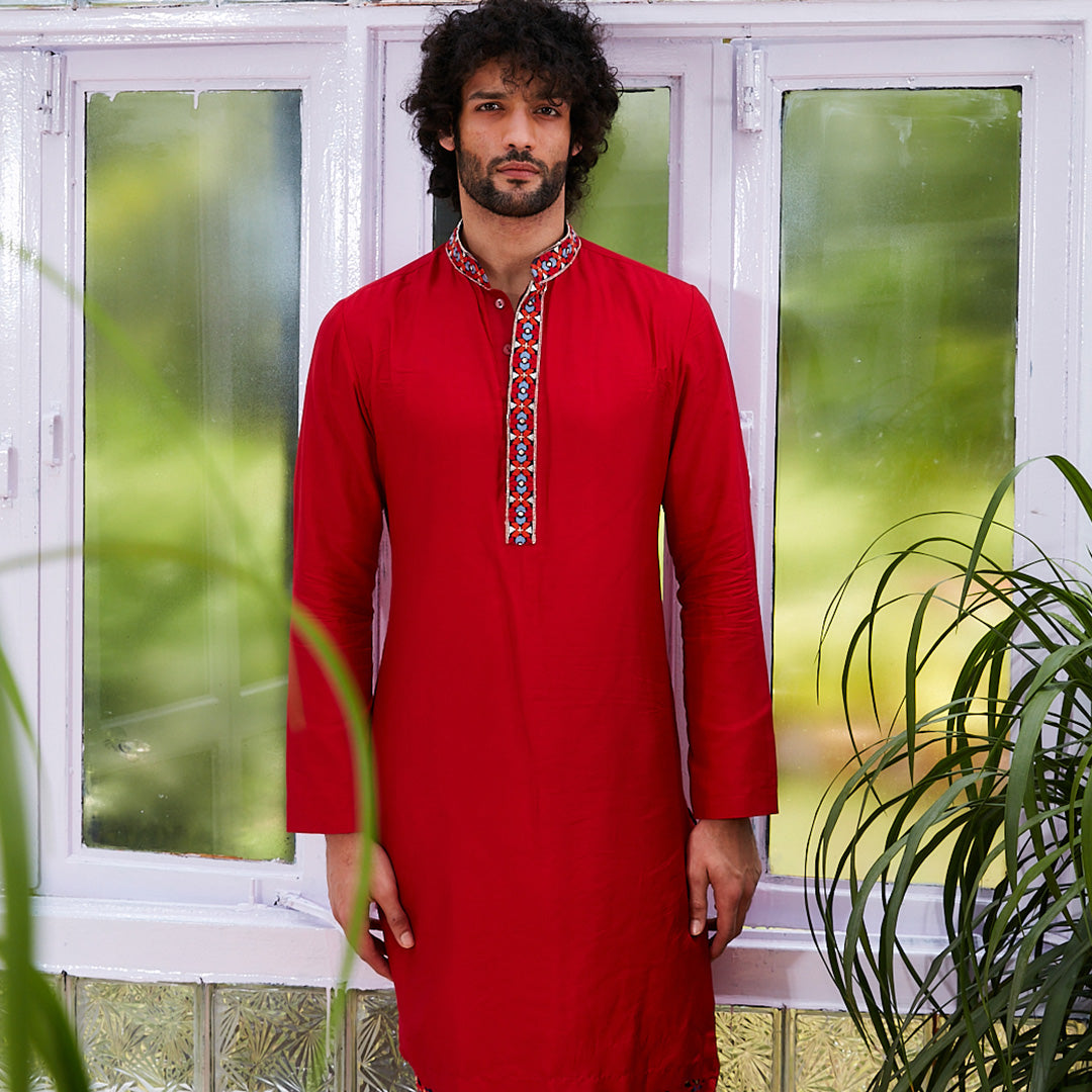 SOLID KURTA WITH EMBROIDERED COLLAR AND KURTA PATTI WITH RED PANTS