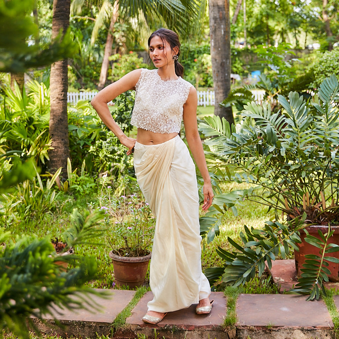 BEIGE SAREE STYLE SKIRT WITH BUSTIER AND ORGANZA CROP TOP