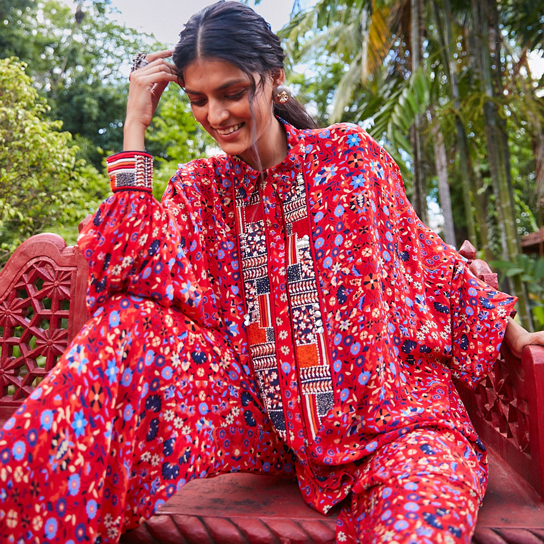 RED RASA JAAL OVERSIZED SHIRT WITH PATCHWORK EMB AND PANTS